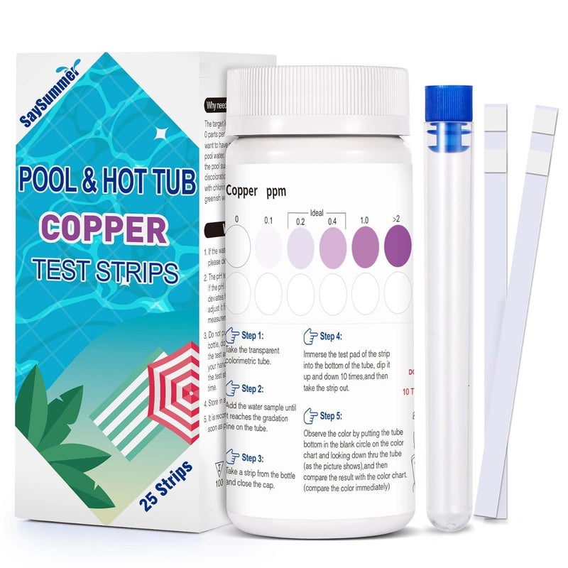 SaySummer Copper Test Strips for Pool Water: 25 Counts Pool Copper Test Kit for Testing Range 0-2 ppm Copper in Swimming Pool Hot-Tub Spa - Pool Metal Test Kit for Above-Ground and Inground Pool Testing Copper - Image 1